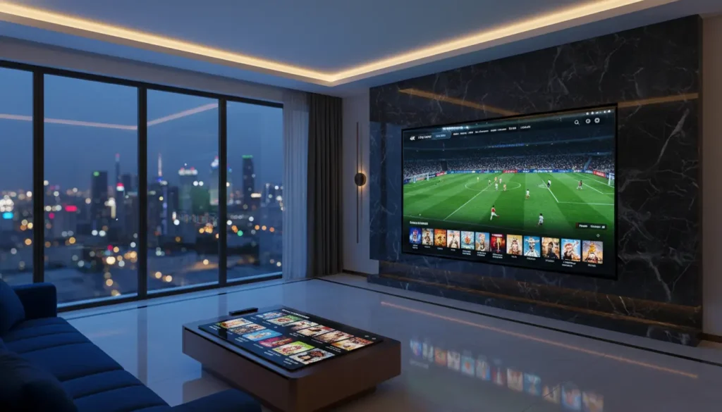 مشهد لغرفة معيشة حديثة يعرض مباراة كرة قدم عبر IPTV مع عناصر رقمية تمثل التوفير المالي مقارنة بالاشتراكات التقليدية