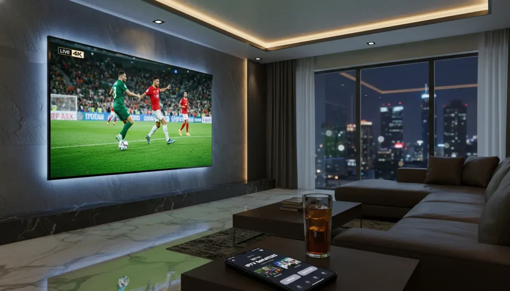 مشهد مباراة كرة قدم على شاشة 4K يظهر انتقال البث من التجميد إلى السلاسة مع تأثيرات تقنية تدل على استقرار IPTV