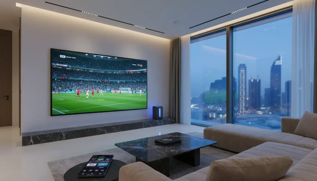 مشهد يقارن بين اشتراك قنوات تقليدي مكلف واشتراك IPTV اقتصادي مع عرض شاشة حديثة ومحتوى ترفيهي متنوع