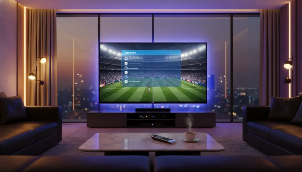 عرض اشتراك كوبرا IPTV سنوي مع شاشة ذكية تعرض قنوات وأفلام بجودة عالية داخل غرفة معيشة فاخرة