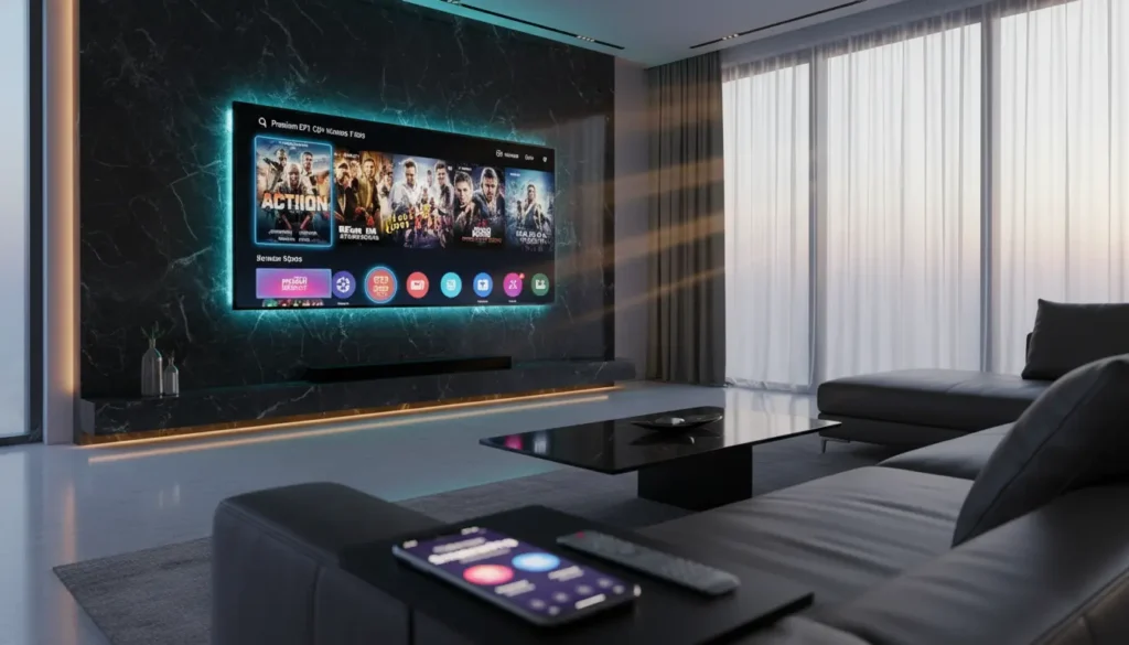 واجهة تطبيق IPTV سمارترز برو تعرض مسلسلات وأفلام وقنوات رياضية داخل غرفة مظلمة بإضاءة مستقبلية