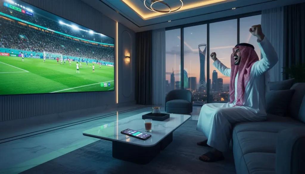 واجهة تقنية تعرض مقارنة بين سيرفرات IPTV من حيث السرعة والاستقرار وجودة البث مع شاشات تعرض محتوى ترفيهي متنوع