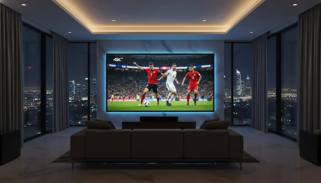 غرفة معيشة حديثة تتحول بصرياً إلى ملعب كرة قدم مع شاشة تعرض مباراة بجودة 4K عالية واستقرار كامل