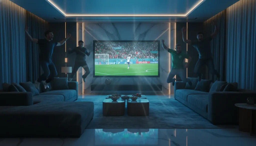 واجهة رقمية مستقبلية تعرض مباراة كرة قدم مباشرة بجودة 4K عبر شاشات هولوجرام داخل بيئة تقنية متطورة