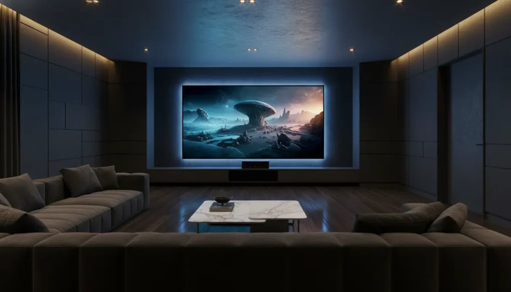 غرفة سينما منزلية فاخرة بشاشة كبيرة تعرض فيلم بجودة 4K مع إضاءة خافتة وأجواء سينمائية مريحة