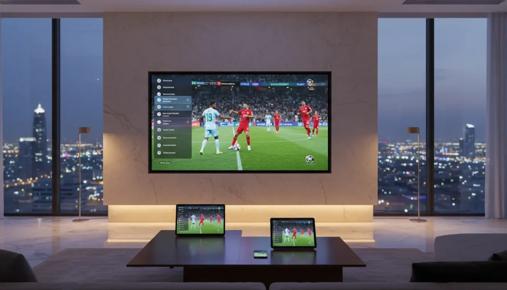 صورة مقارنة بين نظام بث تقليدي بأسلاك وجهاز قديم مقابل شاشة ذكية تعرض مباراة عبر IPTV بجودة 4K عالية
