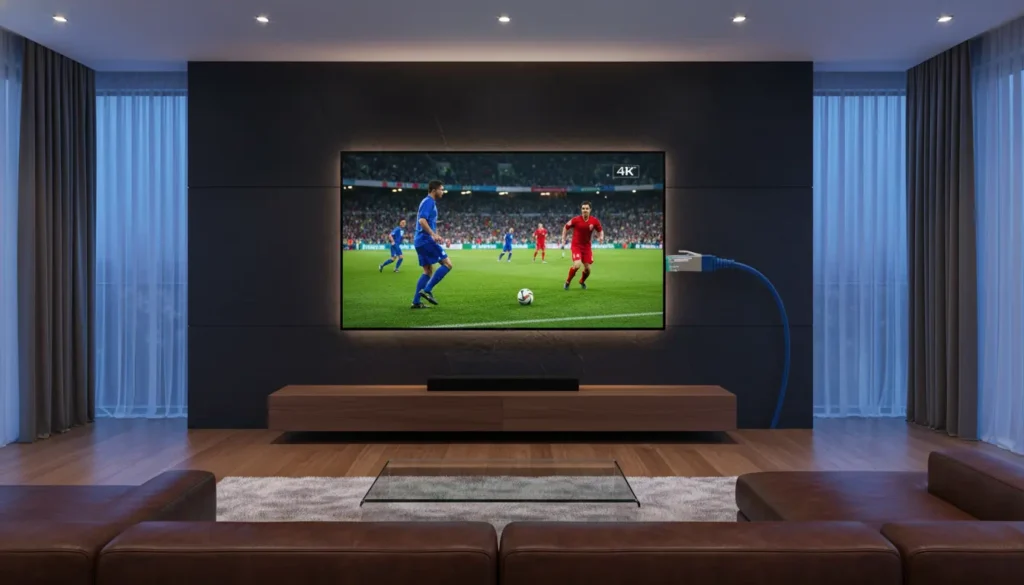 صورة شاشة ذكية تعرض واجهة IPTV بدقة 4K مع جهاز تحكم وكابل إيثرنت متصل لضمان بث مستقر وجودة عرض عالية