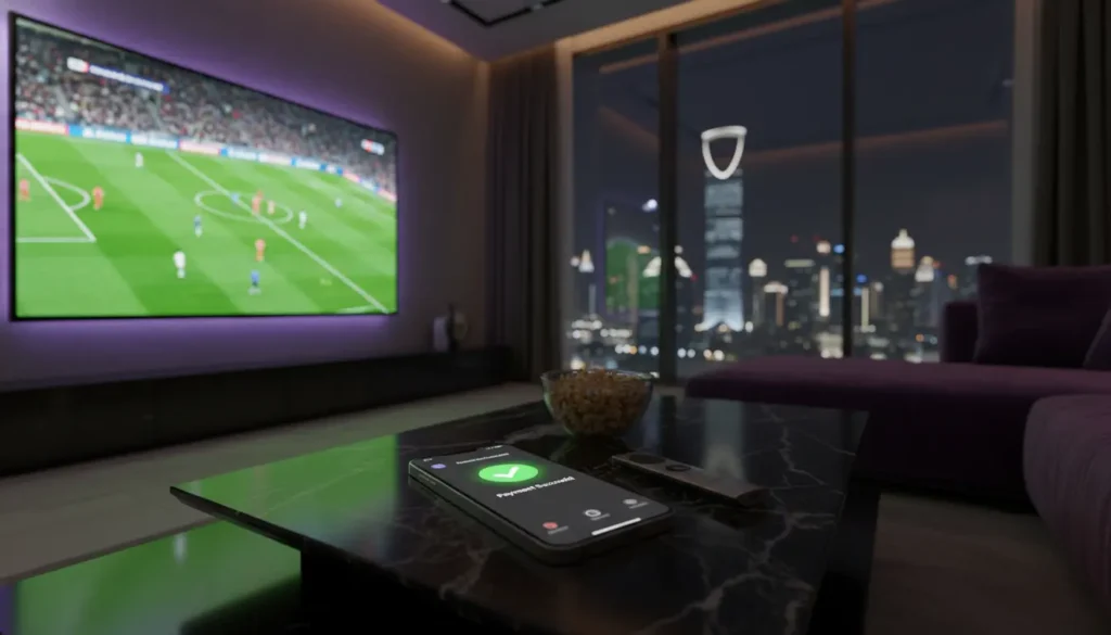 صورة شاشة ذكية تعرض واجهة IPTV مع إشعارات تجديد الاشتراك، وهاتف محمول لإتمام الدفع، وكابل إيثرنت متصل لضمان بث مستقر وجودة 4K