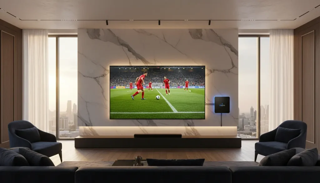 صورة شاشة ذكية تعرض واجهة تجربة IPTV تجريبي، مع هاتف محمول لتأكيد التفعيل، وكابل إيثرنت متصل لضمان بث مستقر وجودة 4K