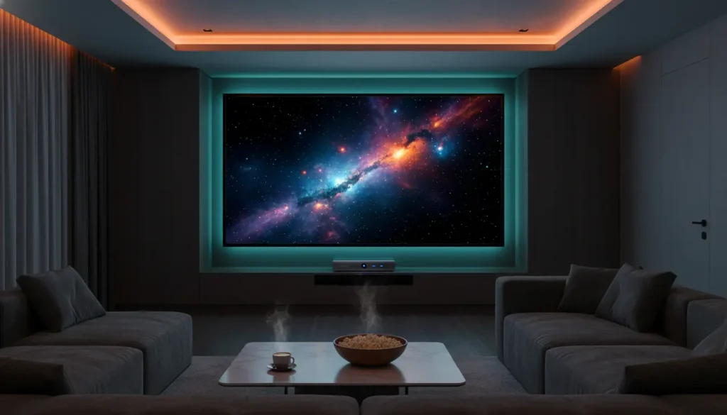 صورة غرفة معيشة حديثة مع شاشة ذكية تعرض فيلم 4K على سيرفر IPTV قوي ومستقر، مع يد تحمل ريموت وكابل إيثرنت متصل لضمان بث مستقر