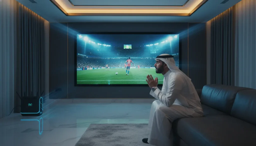 صورة غرفة معيشة تعرض مباراة الدوري السعودي 2026 على شاشة ذكية متصلة بسيرفر IPTV مستقر، مشجع يرتدي زي الفريق، أريكة، فشار ومشروب، تجربة بث رياضية سلسة بدون تقطيع