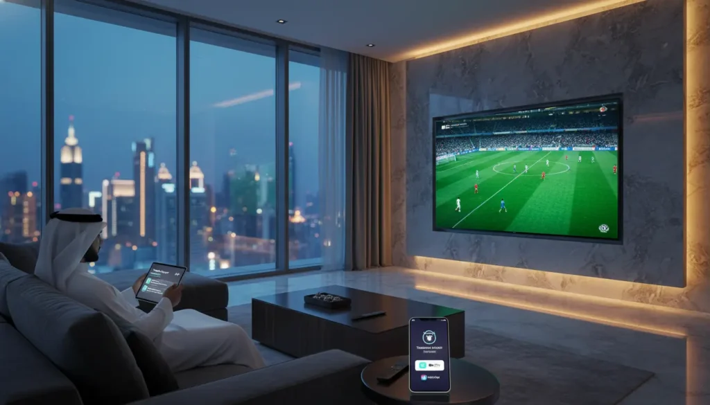 صورة متجر رقمي سعودي لبيع اشتراكات IPTV، تظهر واجهة حديثة، سيرفرات قوية، مكتبة أفلام ومسلسلات، بوابات دفع آمنة، عميل سعيد يتصفح الخيارات، تجربة بث مستقرة وموثوقة